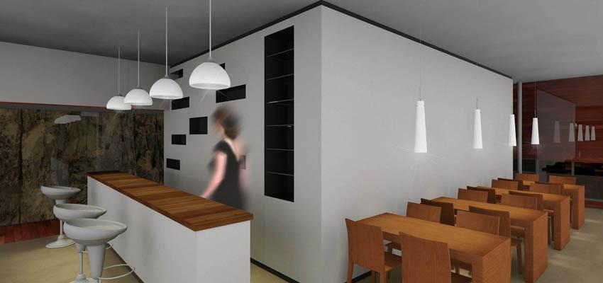 Cafeteria style contemporaneo color ocre, blanco, gris  diseñado por B3arquitectura | Arquitecto 