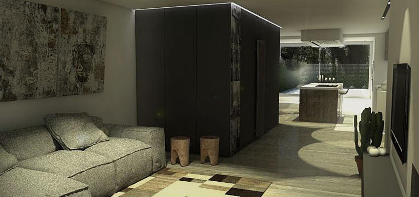 Sala de la TV, Cocina style moderno color amarillo, beige, gris, negro  diseñado por danny dufait | Interiorista 