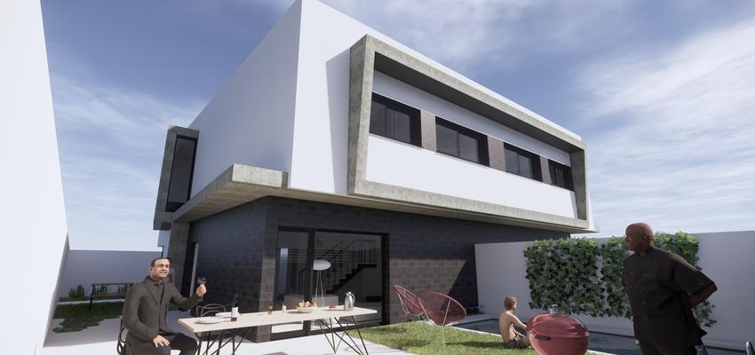 Piscina, Porche, Exterior Estilo moderno Color turquesa  diseñado por Miguel Baena | Arquitecto | Copyright Miguel Baena