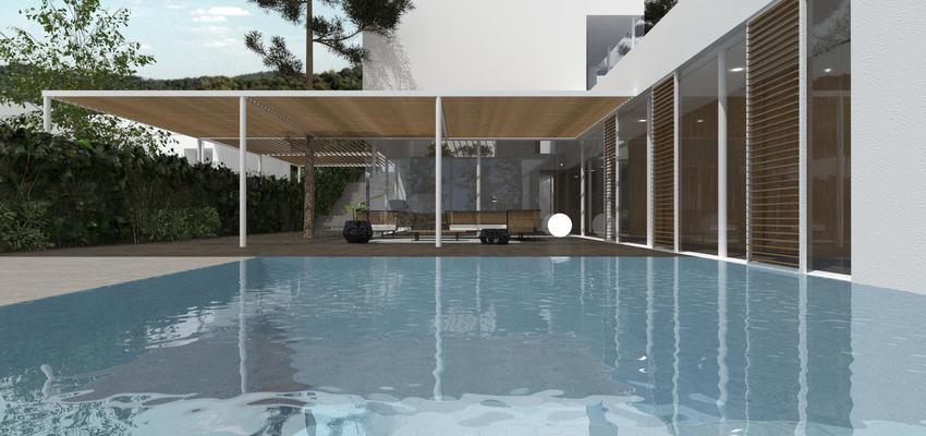 Piscina, Porche, Exterior style moderno color azul cielo, marron, blanco  diseñado por MENDEZDELPOZO | ARQUITECTOS | Arquitecto 