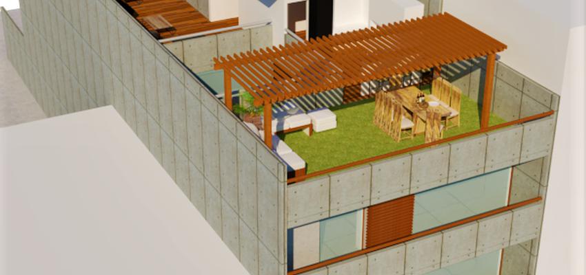 Terraza Estilo moderno Color verde, marron, gris  diseñado por A+D ARQUITECTURA | Arquitecto | Copyright maxidure