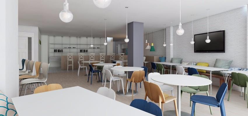 Restaurante, Cafeteria, Bar Estilo mediterraneo Color marron, azul oscuro, gris  diseñado por Cristina Donate Rodriguez | Arquitecto 