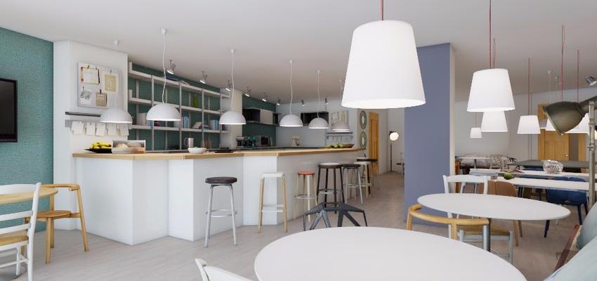 Restaurante, Cafeteria, Bar Estilo contemporaneo Color marron, turquesa, blanco  diseñado por Cristina Donate Rodriguez | Arquitecto 