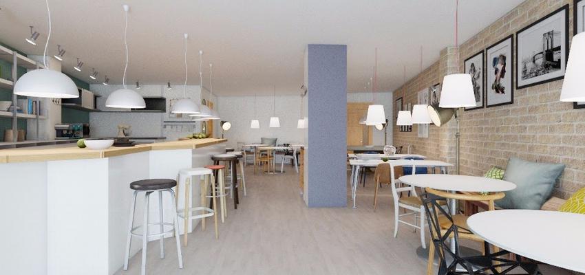 Restaurante, Cafeteria, Bar Estilo rustico Color ocre, verde, blanco  diseñado por Cristina Donate Rodriguez | Arquitecto 