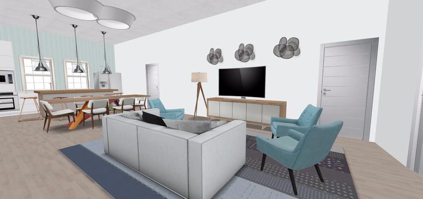 Comedor, Cocina, Salon Estilo contemporaneo Color azul cielo, blanco, gris  diseñado por Cristina Donate Rodriguez | Arquitecto 