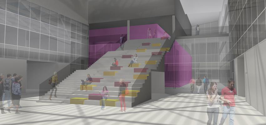 Vestibulo, Escalera style moderno color amarillo, violeta, blanco  diseñado por Lovorka Kaic Matesic | Arquitecto 