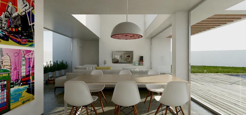 Comedor, Cocina, Salon Estilo moderno Color blanco, gris  diseñado por Miguel Montes Vera | Arquitecto 