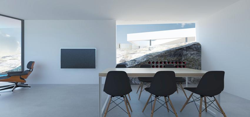 Comedor, Salon Estilo moderno Color azul cielo, blanco, gris  diseñado por Miguel Montes Vera | Arquitecto 