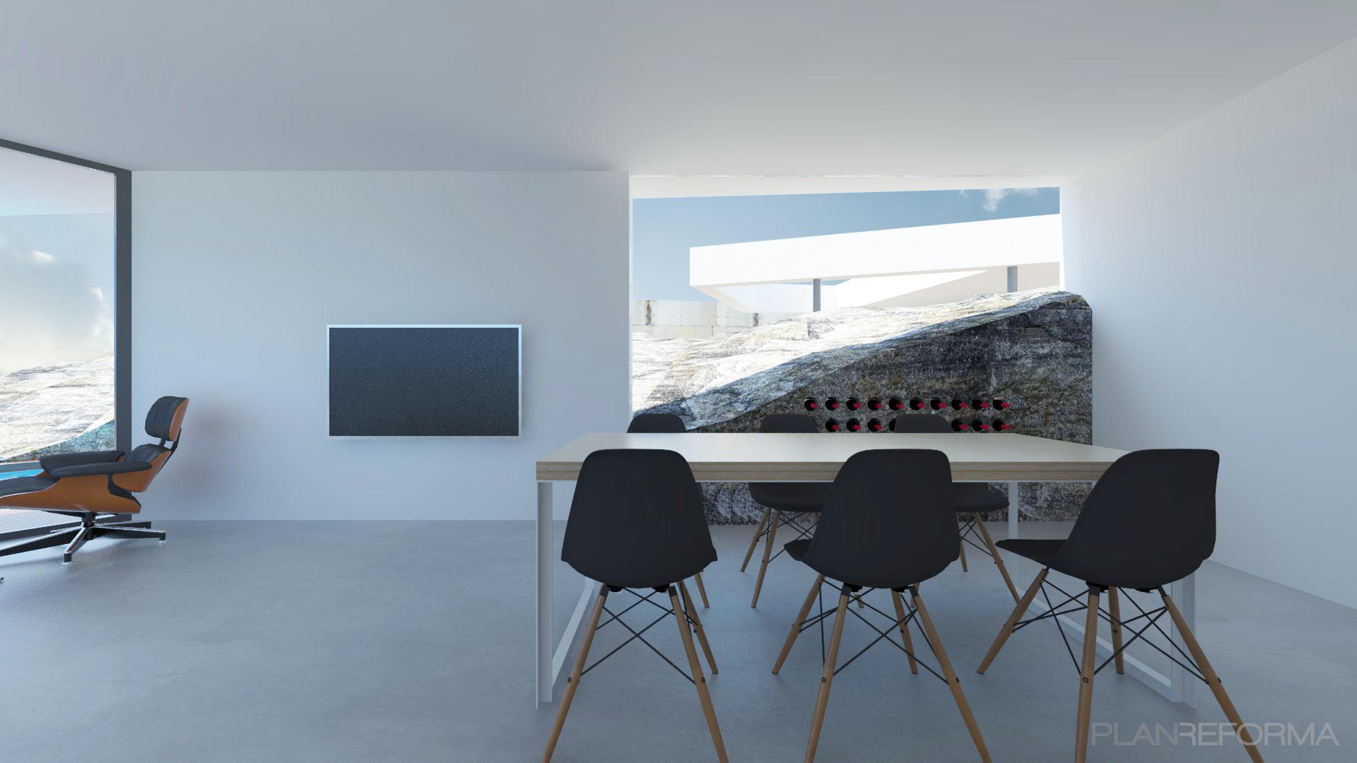 Comedor, Salon Estilo moderno Color azul cielo, blanco, gris  diseñado por Miguel Montes Vera | Arquitecto 