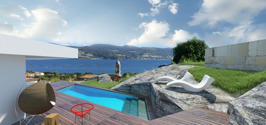 Piscina, Exterior, Jardin Estilo moderno Color azul cielo, marron, blanco  diseñado por Miguel Montes Vera | Arquitecto 