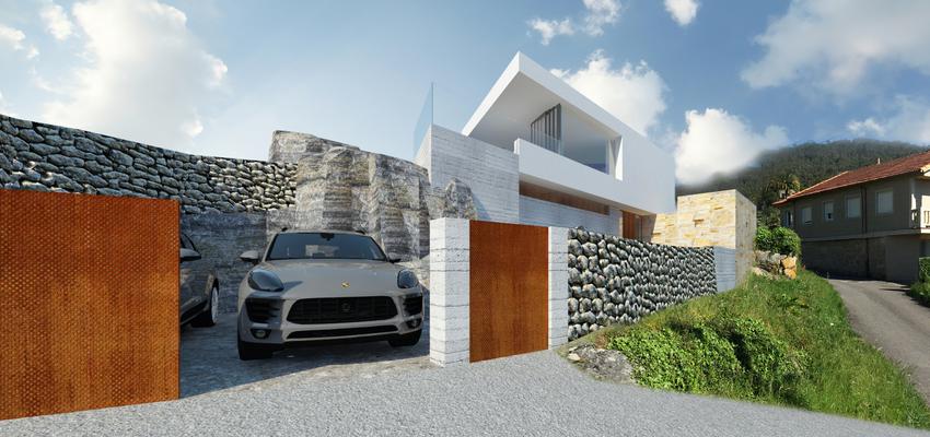 Exterior Estilo moderno Color rojo, blanco, gris  diseñado por Miguel Montes Vera | Arquitecto 