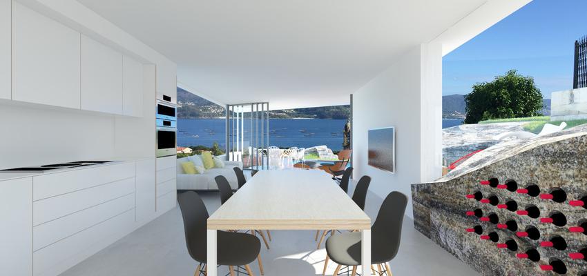 Comedor, Cocina, Salon Estilo moderno Color beige, blanco, gris  diseñado por Miguel Montes Vera | Arquitecto 