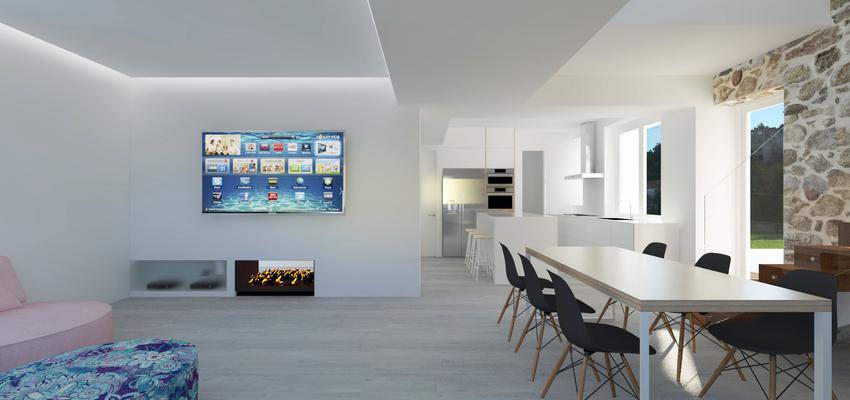 Comedor, Cocina, Salon Estilo moderno Color beige, blanco, gris  diseñado por Miguel Montes Vera | Arquitecto 