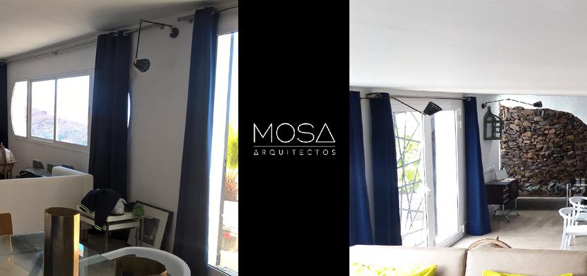 Comedor, Salon, Patio Estilo rustico Color azul oscuro, blanco, gris  diseñado por Jennifer Moreno | Arquitecto | Copyright MOSA Arquitectos