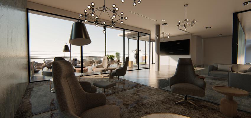 Salon Estilo moderno Color beige, marron, gris  diseñado por Atlantico Arqs | Arquitecto | Copyright Esta sala forma parte de un proyecto de condominio realizado por Atlantico arqs, en Playa del Carmen , Mexico , el interiorismo conformado por muebles de diseño italiano , lamparas que son tendencia de industria mexicana, alfombras griegas y mesas bajas de madera , marmol y cobre amarillo de diseñadores locales.