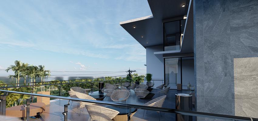Escalera, Exterior, Galería Estilo moderno Color gris  diseñado por Atlantico Arqs | Arquitecto | Copyright Proyecto Condominio en Playa del Carmen Mexico / Atlantico arqs