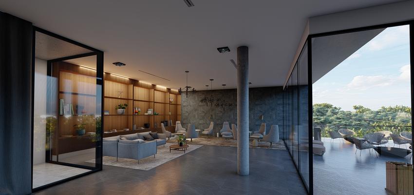 Salon Estilo moderno Color beige, gris, gris  diseñado por Atlantico Arqs | Arquitecto | Copyright Atlantico Arqs