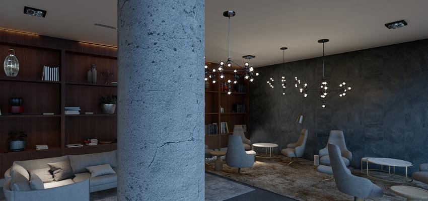 Salon Estilo moderno Color marron, beige, gris  diseñado por Atlantico Arqs | Arquitecto | Copyright Atlántico Arqs
