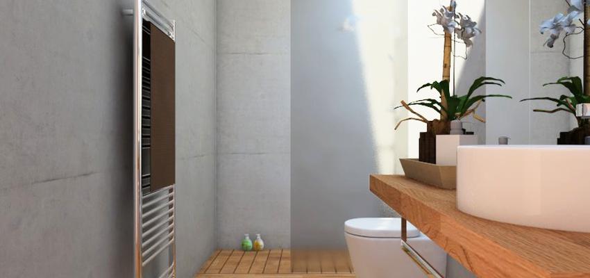Baño Estilo mediterraneo Color marron, azul cielo, gris  diseñado por Maite Fernández | Interiorista 