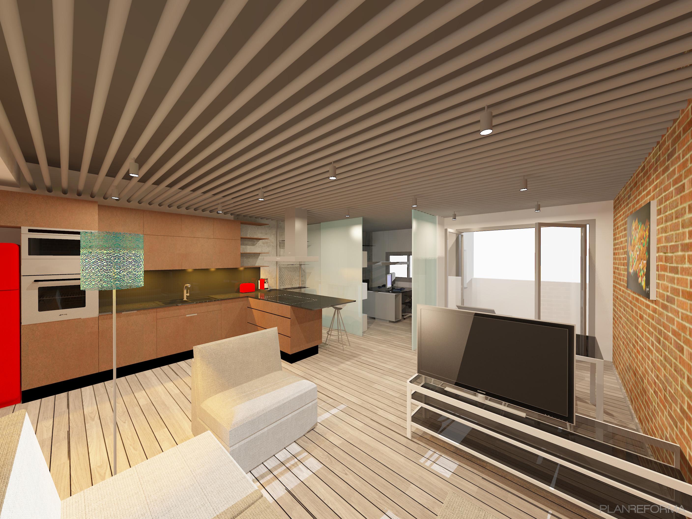 Comedor, Cocina, Loft Estilo contemporaneo Color rojo, marron, marron, marron, blanco, negro  diseñado por Francesc Plazas Nebot | Arquitecto | Copyright F.P.Arquitectura