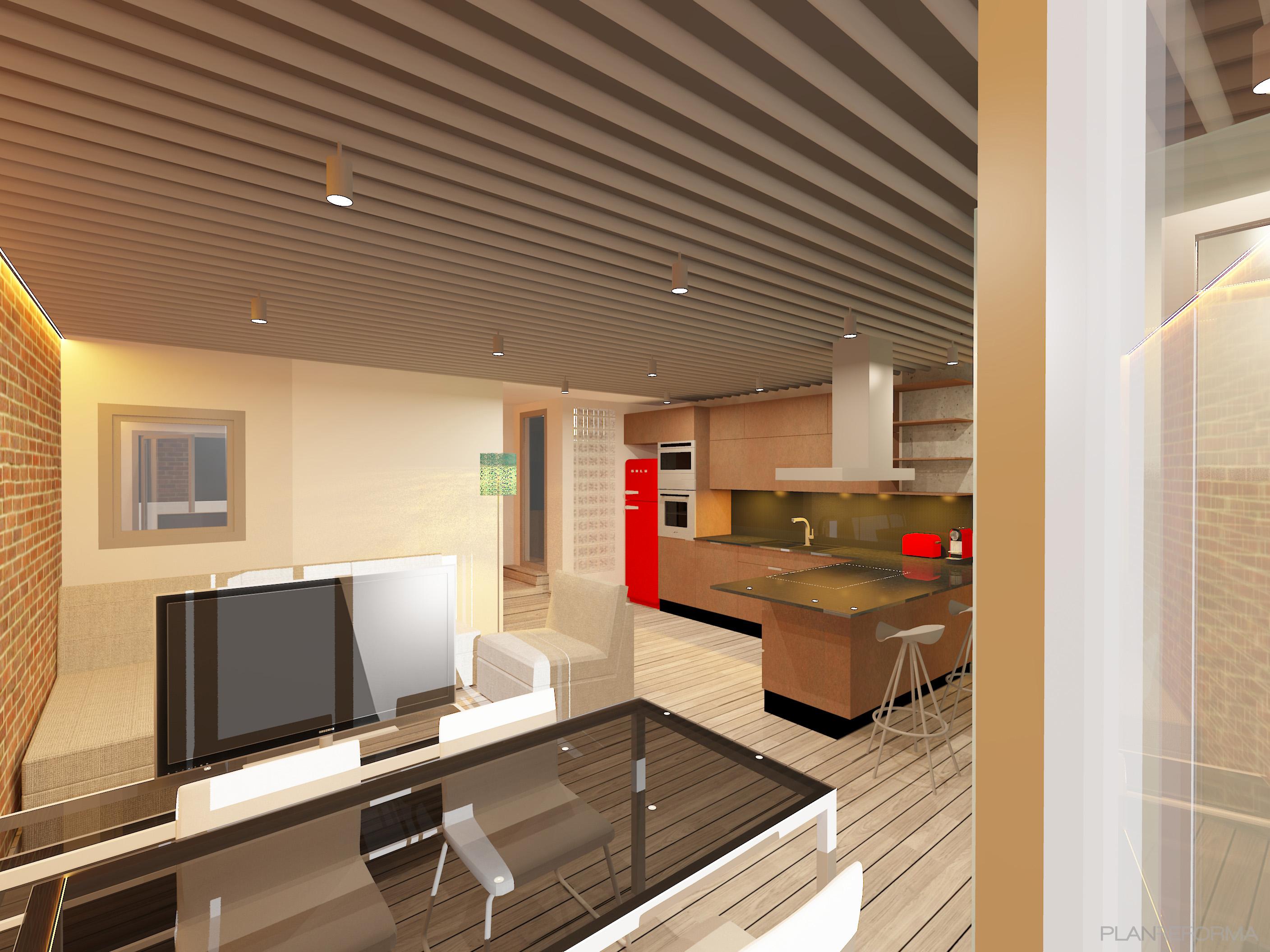 Cocina, Loft Estilo contemporaneo Color rojo, marron, marron, beige, blanco, negro  diseñado por Francesc Plazas Nebot | Arquitecto | Copyright F.P.Arquitectura