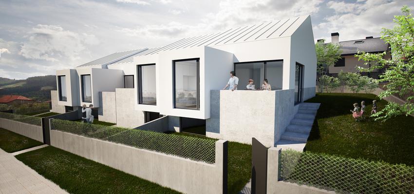 Exterior, Jardin Estilo moderno Color beige, blanco, gris  diseñado por Xabier Ramos | Arquitecto | Copyright Esta información es propiedad de Xabier Ramos Bilbao, todos los derechos reservados.