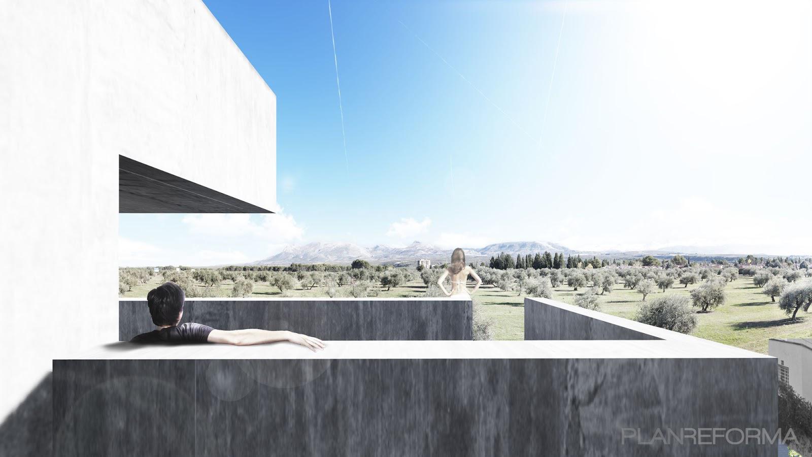 Terraza, Exterior style moderno color blanco, gris, gris  diseñado por SERRANO + BAQUERO | Arquitecto 