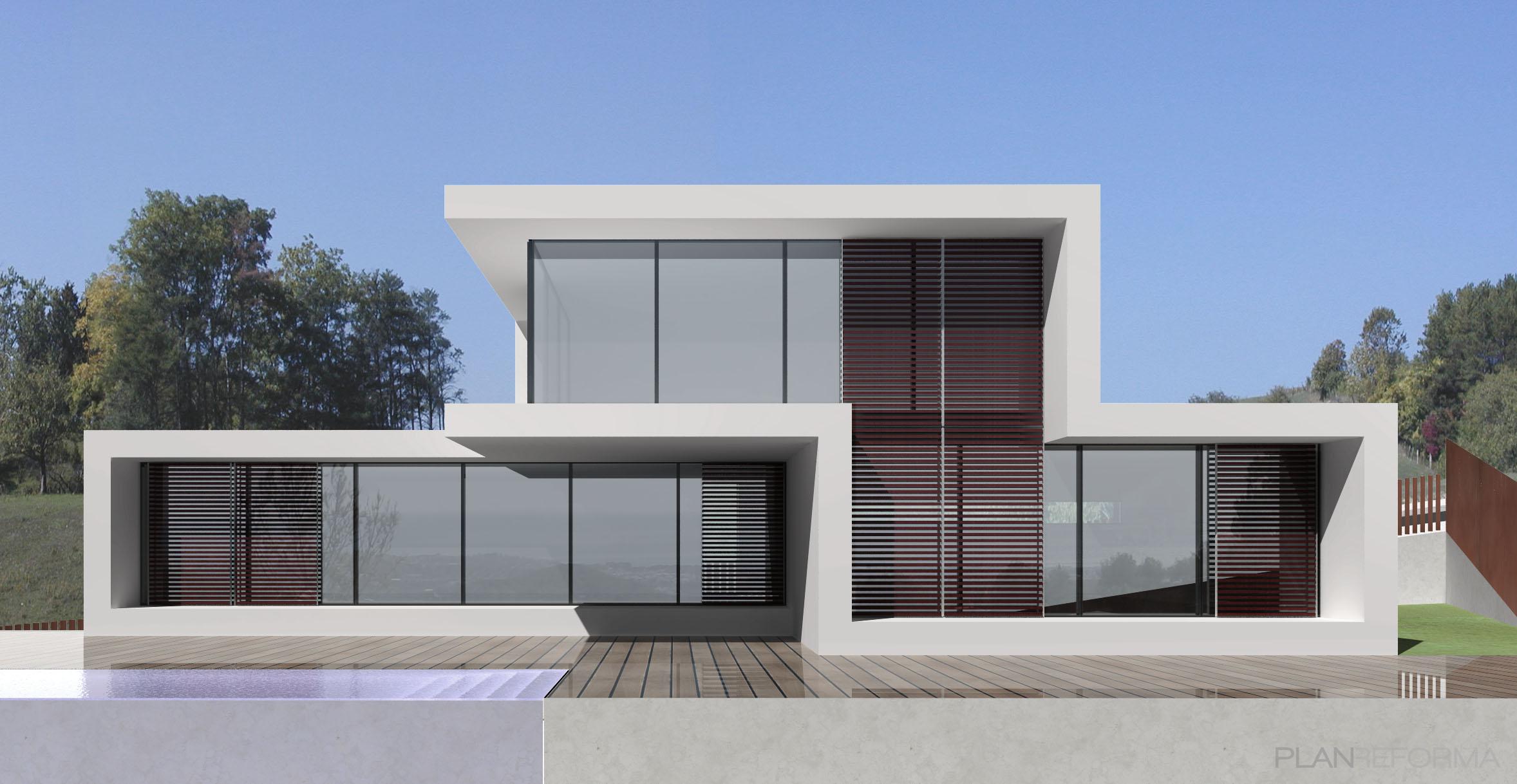 Balcon, Piscina, Exterior style moderno color marron, marron, blanco, gris  diseñado por 08023 Architects | Arquitecto 