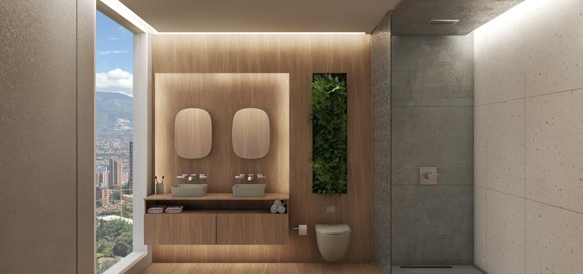 Baño Estilo moderno Color marron, beige, plateado  diseñado por Tito Andrade | Interiorista | Copyright 4 elementos - Interiorismo & Arquitectura