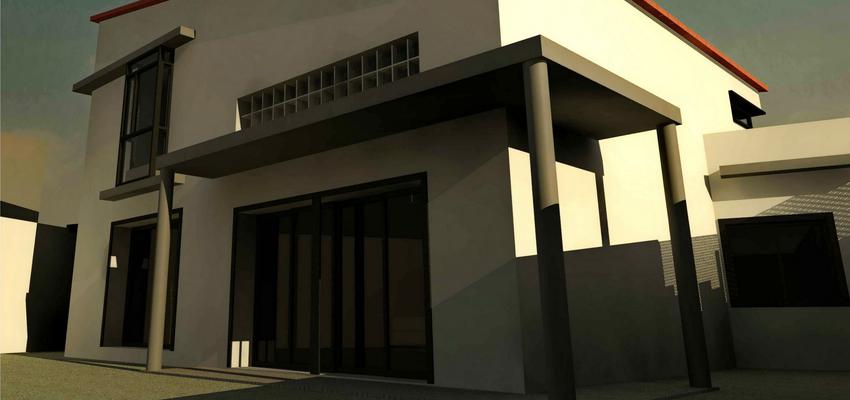 Exterior style moderno color rojo, beige, gris  diseñado por Acedo Arquitectura y Urbanismo, S.L.P.U. | Arquitecto 