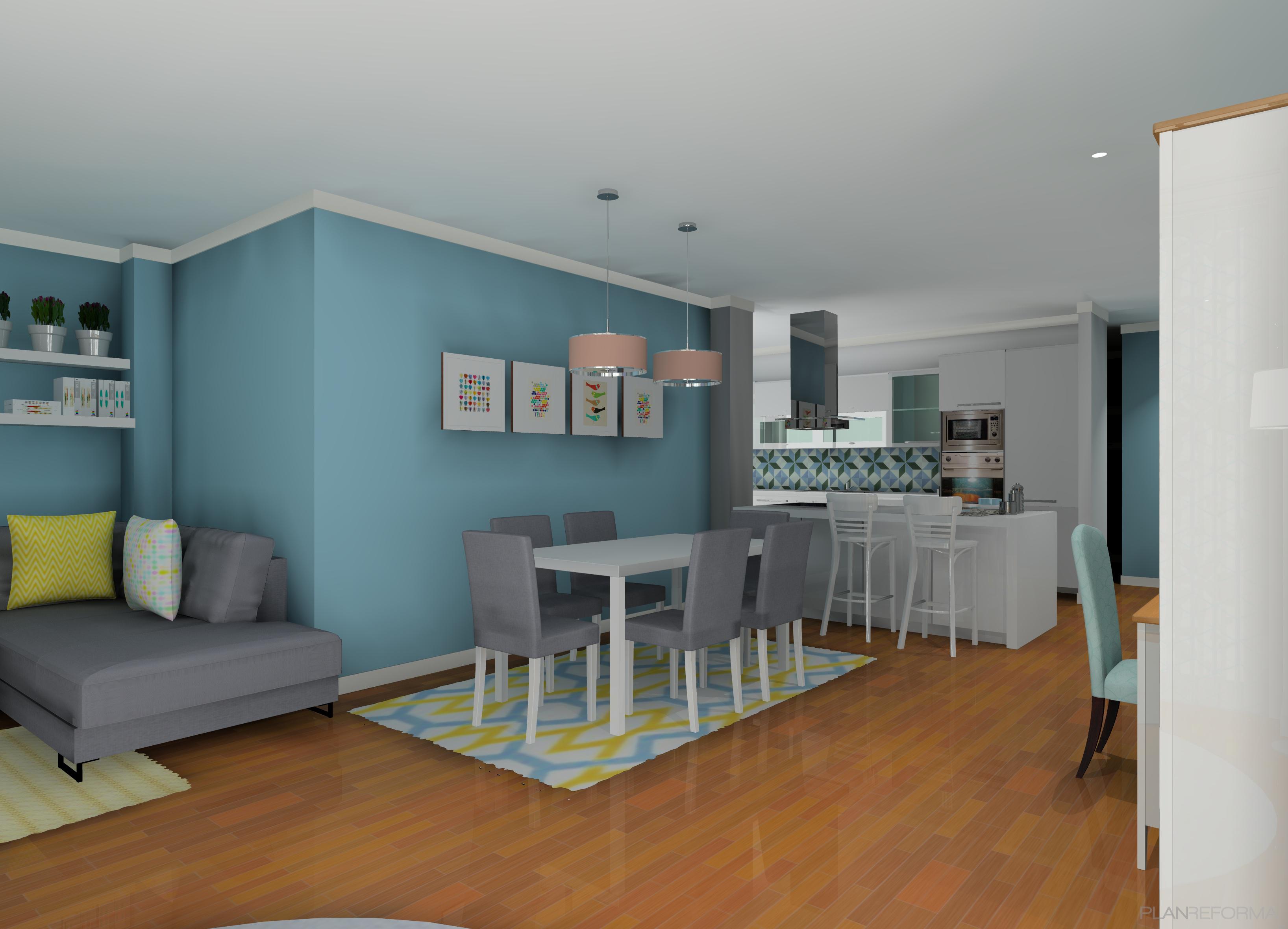 Comedor, Cocina, Salon Estilo contemporaneo Color amarillo, azul cielo, plateado  diseñado por nuria garcia mazo | Interiorista | Copyright menosesmasproyectos