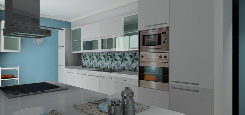 Cocina Estilo contemporaneo Color amarillo, azul cielo, gris  diseñado por nuria garcia mazo | Interiorista | Copyright menosesmasproyectos