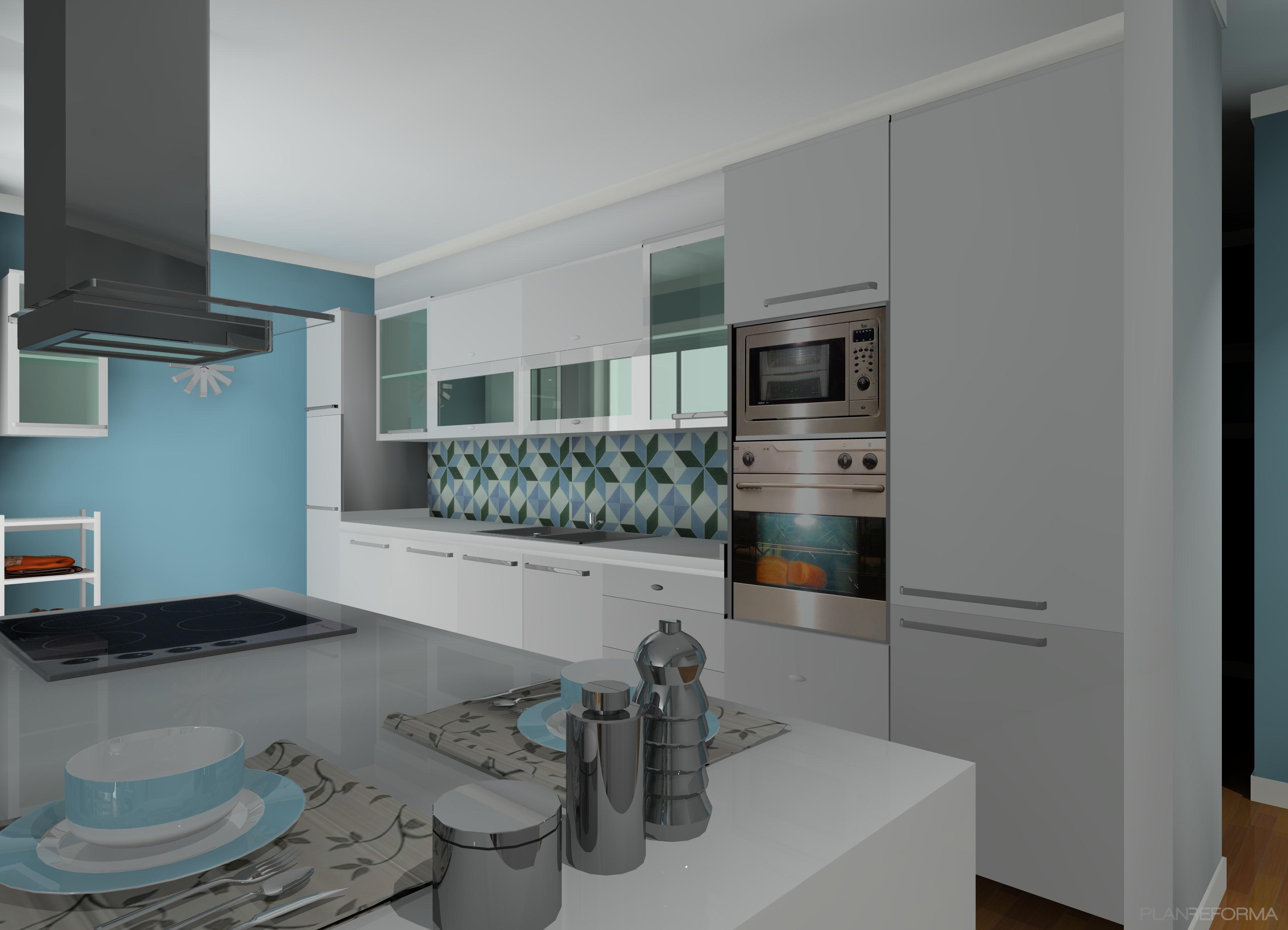 Cocina Estilo contemporaneo Color amarillo, azul cielo, gris  diseñado por nuria garcia mazo | Interiorista | Copyright menosesmasproyectos