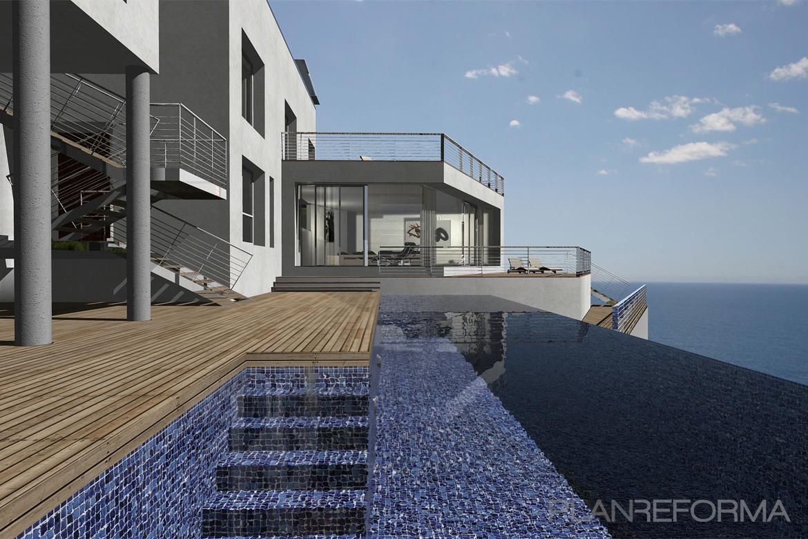 Piscina, Exterior style contemporaneo color marron, azul oscuro, blanco  diseñado por Estanis Segura | Arquitecto | Copyright Sí