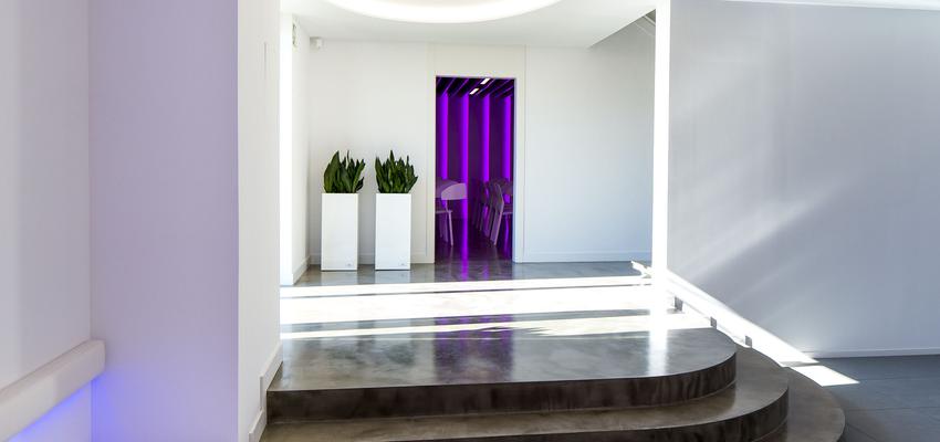 Vestibulo style moderno color violeta, blanco, gris  diseñado por Francesc Collmalivern Studio | Interiorista 