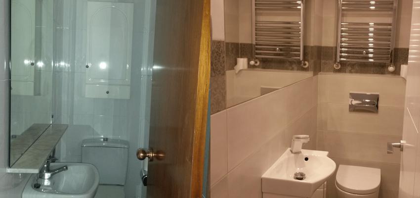 Baño Estilo moderno Color blanco, gris, plateado  diseñado por Habitium | Arquitecto Técnico | Copyright Aseo vivienda adosada