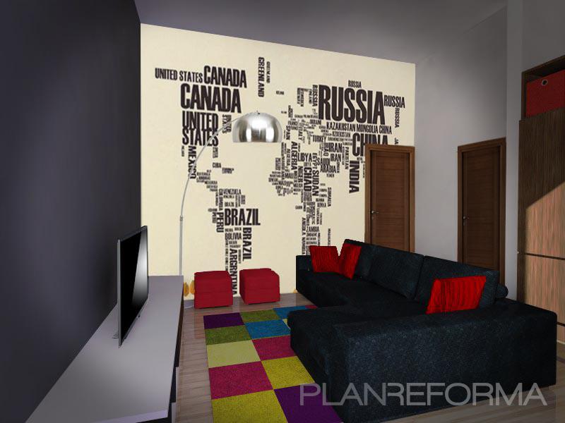 Sala de la TV style contemporaneo color rojo, beige, marron, blanco, gris, negro  diseñado por Factory Interiografia | Interiorista 