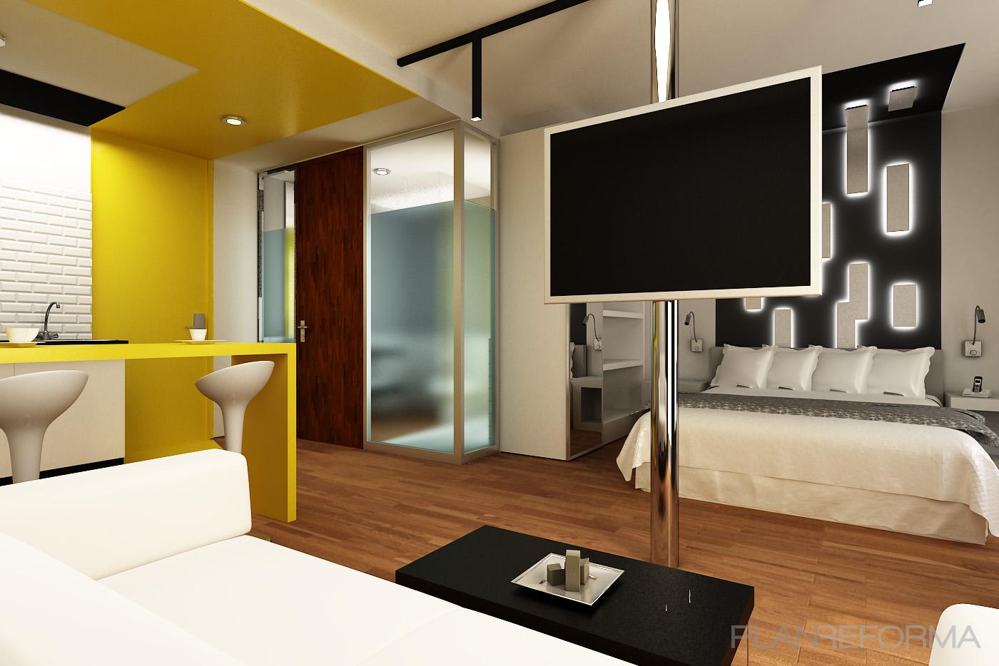 Dormitorio style moderno color ocre, marron, dorado  diseñado por Roger Blasco Badia | Arquitecto | Copyright Arquitecto: Roger Blasco / Render Dubravka Matic