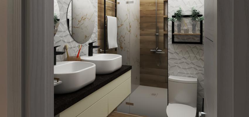 Baño Estilo contemporaneo Color amarillo, marron, blanco  diseñado por Arq. LUIS  CAMEJO ADRIAN | Reformista, constructor | Copyright Si, soy el propietario y la imagen es un Render
