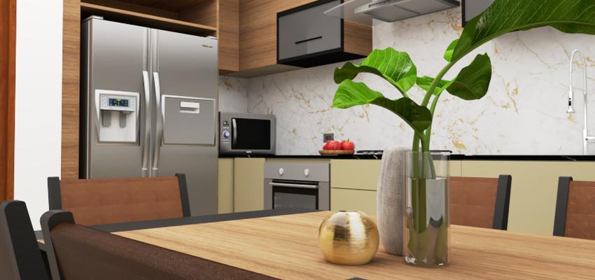 Cocina Estilo moderno Color marron, ocre, amarillo  diseñado por Arq. LUIS  CAMEJO ADRIAN | Reformista, constructor | Copyright Si, soy el propietario y la imagen es un Render