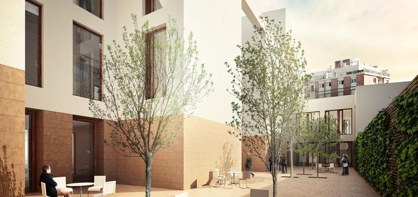 Patio, Exterior, Bar Estilo moderno Color beige, marron, blanco  diseñado por mmmu arquitectes | Arquitecto 