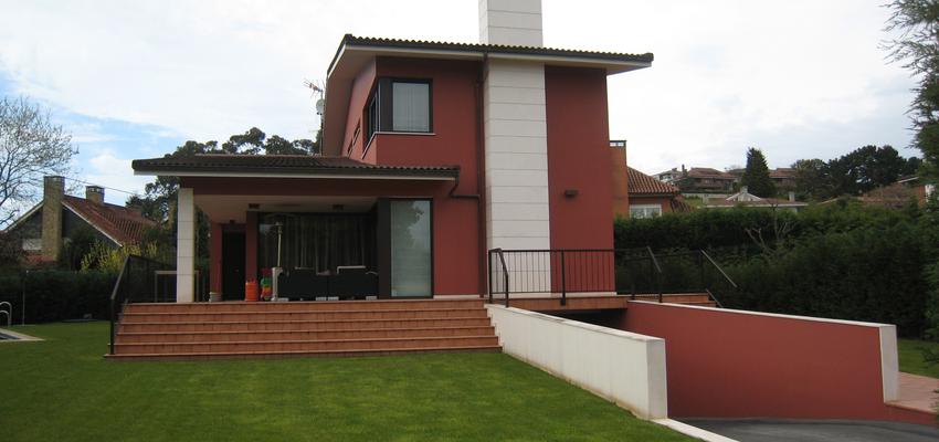Porche, Escalera, Exterior, Jardin Estilo contemporaneo Color rojo, marron, blanco  diseñado por A2mR arquitectura+urbanismo | Arquitecto 