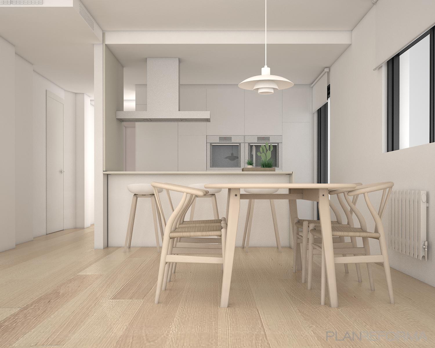 Comedor, Cocina, Loft Estilo mediterraneo Color verde, beige, beige, blanco, negro  diseñado por Studiotransparente | Interiorista | Copyright Si