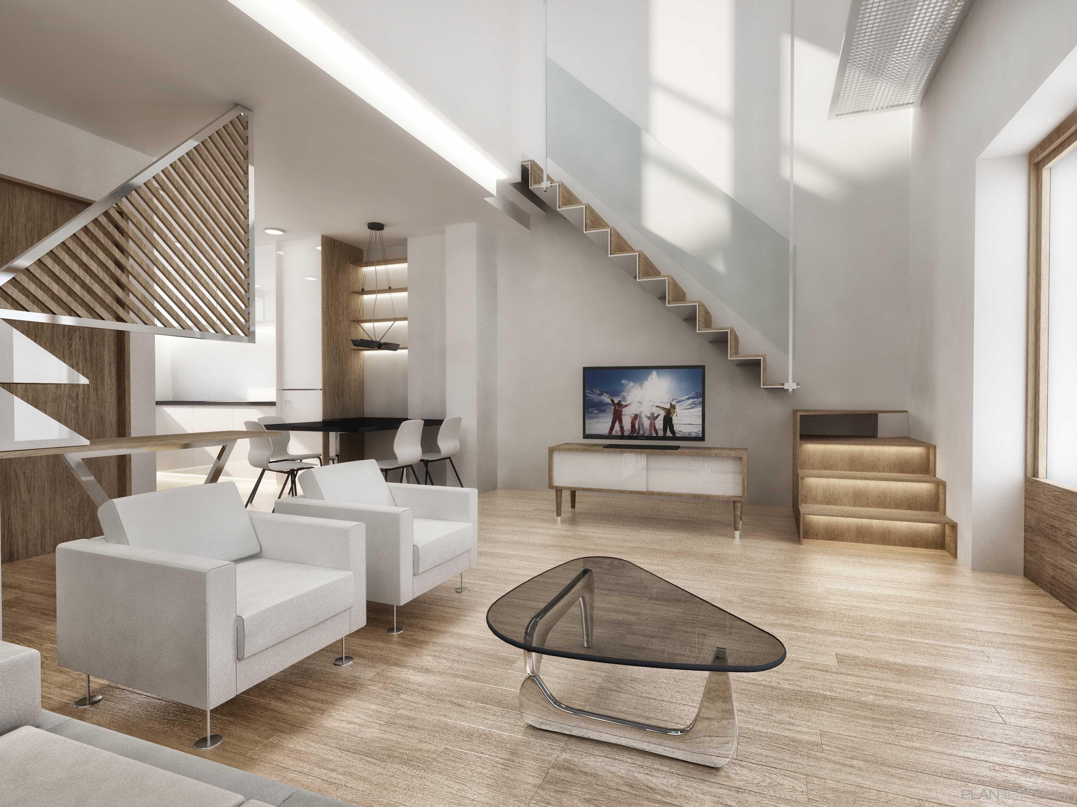 Salon, Loft style moderno color marron, beige, bronce  diseñado por oversizeoffice | Arquitecto | Copyright oversizeoffice