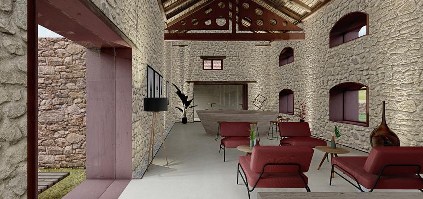Vestibulo, Bodega, Hotel Estilo rustico Color rojo, marron, beige  diseñado por Rodrigo Moral | Arquitecto | Copyright Rodrigo Moral