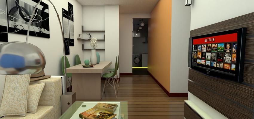 Comedor, Pasillo, Cocina, Salon Estilo moderno Color verde, azul cielo, marron, beige, marron, blanco, gris, gris  diseñado por joigroupbarcelona3 | Gremio | Copyright joigroupbarcelona3