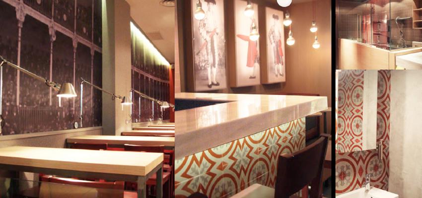 Restaurante style eclectico color rojo, azul cielo, beige  diseñado por EstudioBueno | Interiorista 