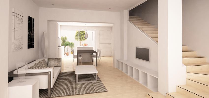 Cocina, Salon, Escalera Estilo moderno Color rosa  diseñado por MVM Disseny | Arquitecto | Copyright imagen realizada por mvm disseny