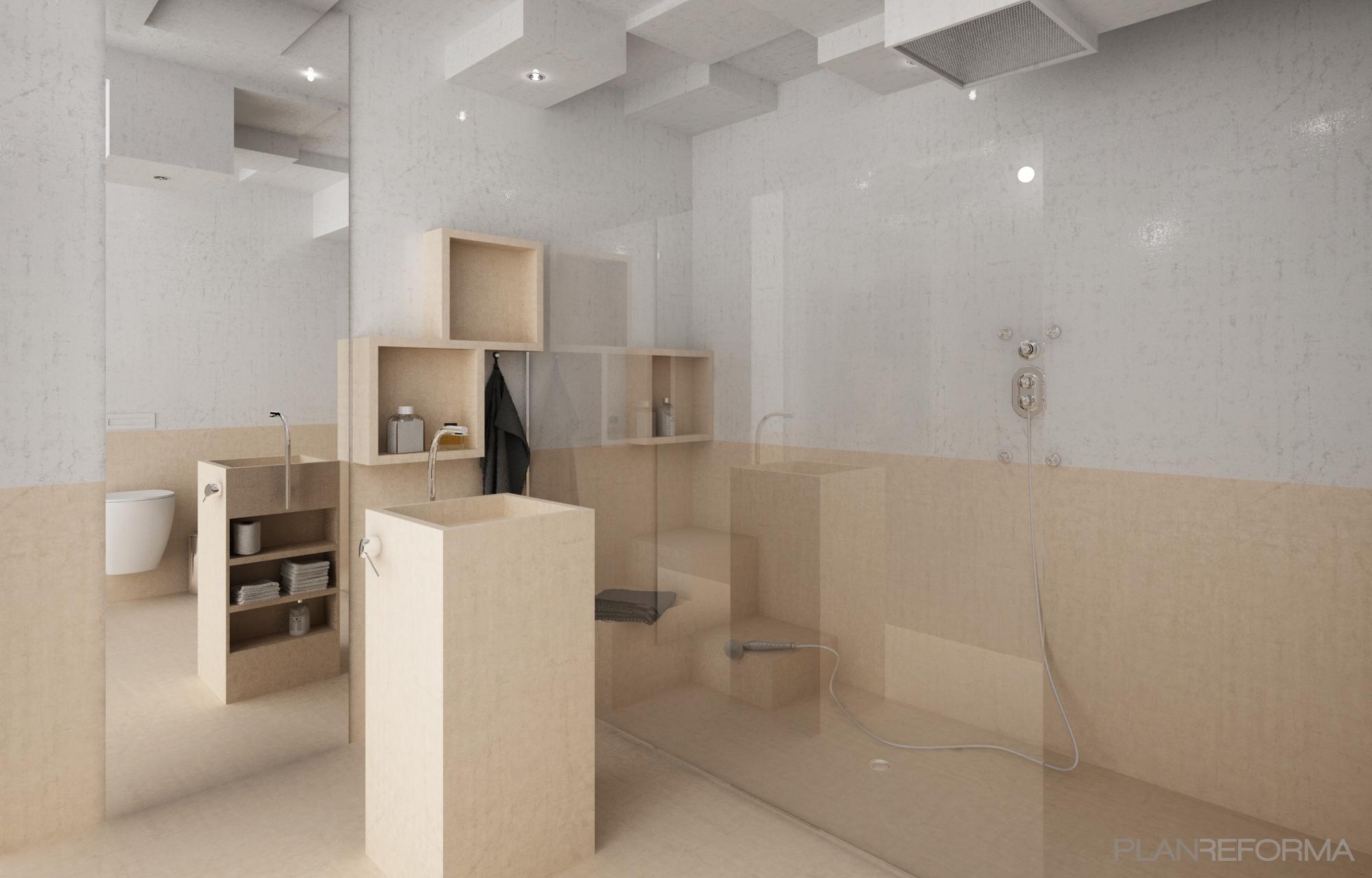 Baño Estilo moderno Color rosa, ocre, gris  diseñado por MVM Disseny | Arquitecto 