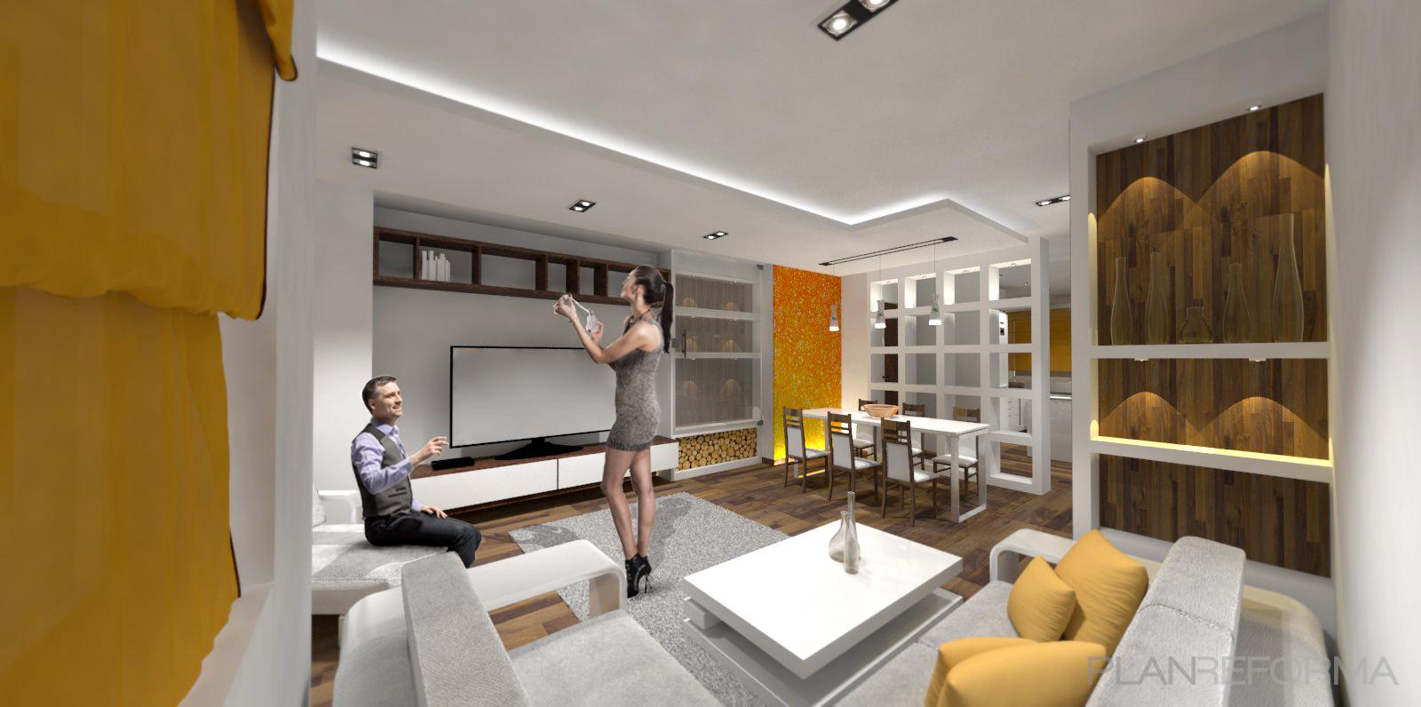Salon Estilo contemporaneo Color ocre, marron, blanco  diseñado por PABLO GONZALEZ GALANT | Arquitecto | Copyright Copyright de Mimic Estudio. Proyecto de Mimic Estudio.